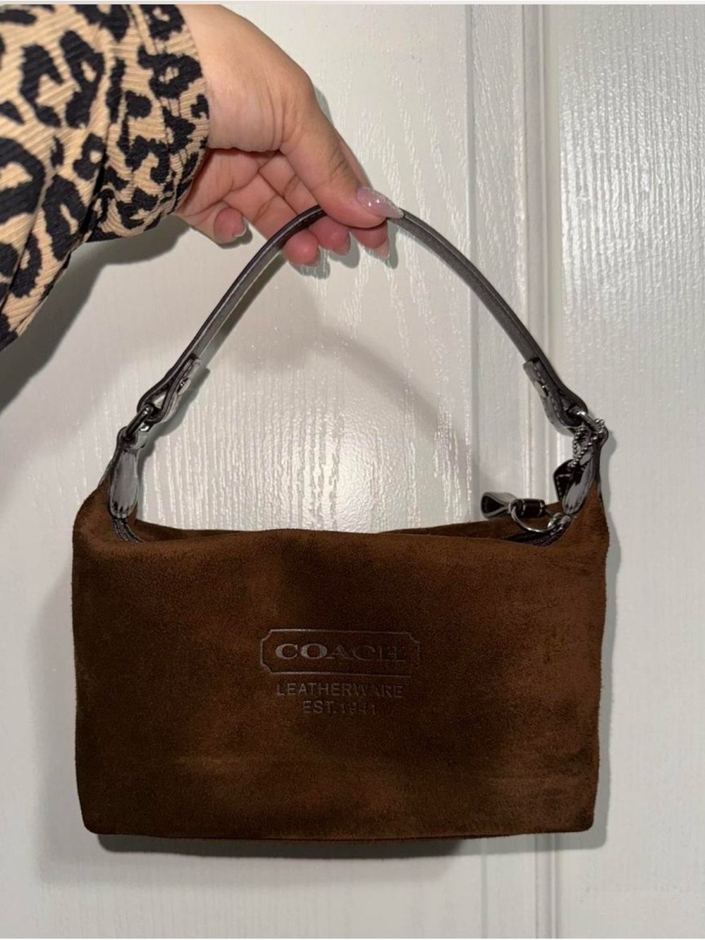 Coach Brown Suede Shoulder Bag with Black Handle